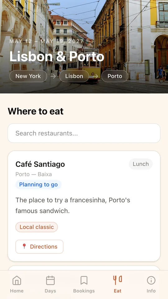 Restaurants for the trip, with reservations