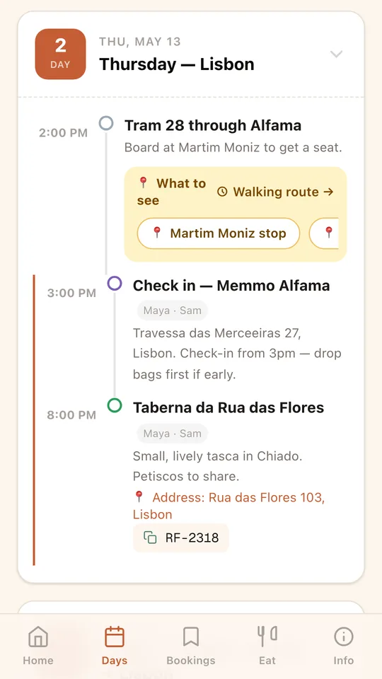 A day timeline with a tram ride, hotel check-in and dinner
